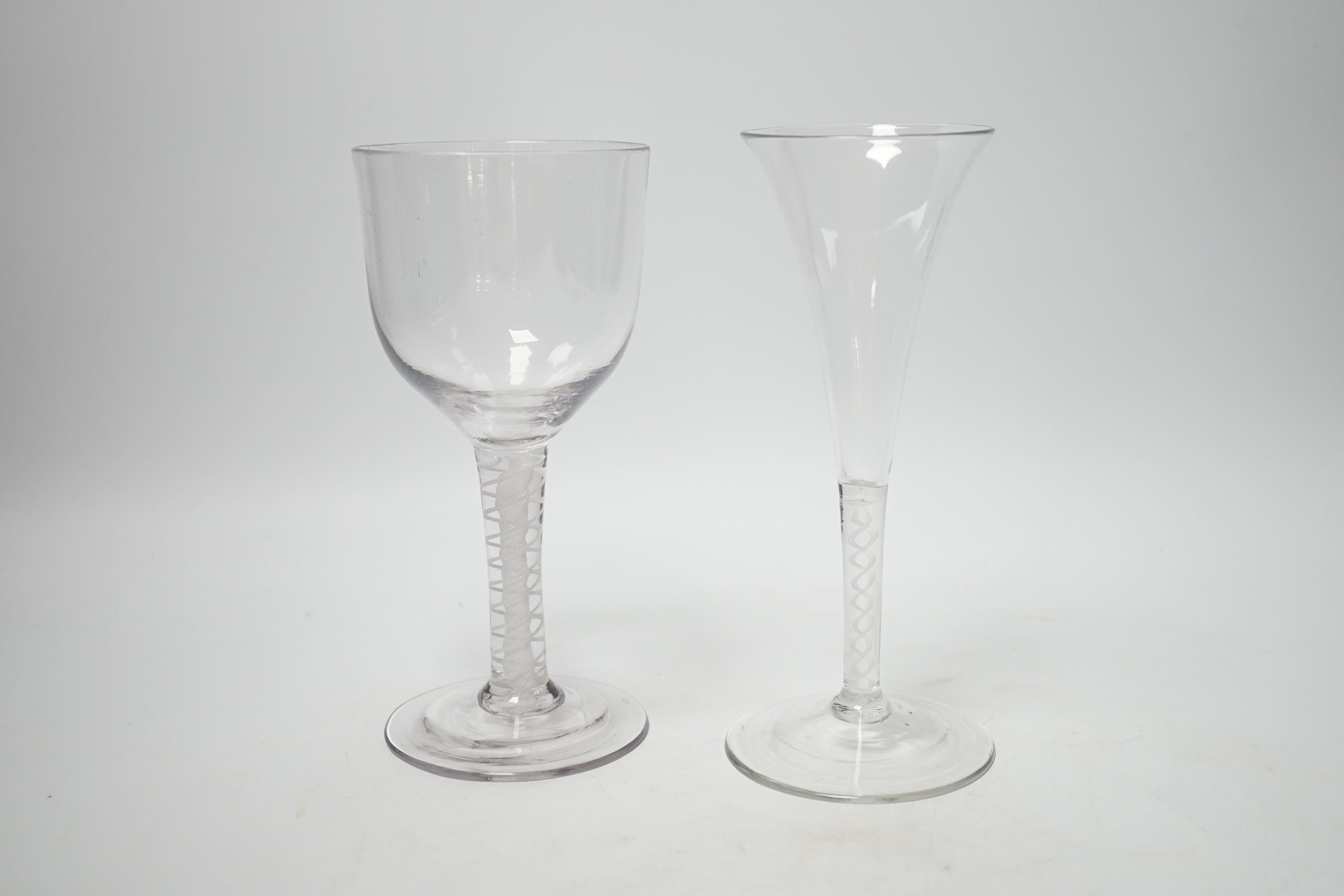 A Georgian goblet with DSOT stem and flute with single opaque twist stem, flute 18cm (2)